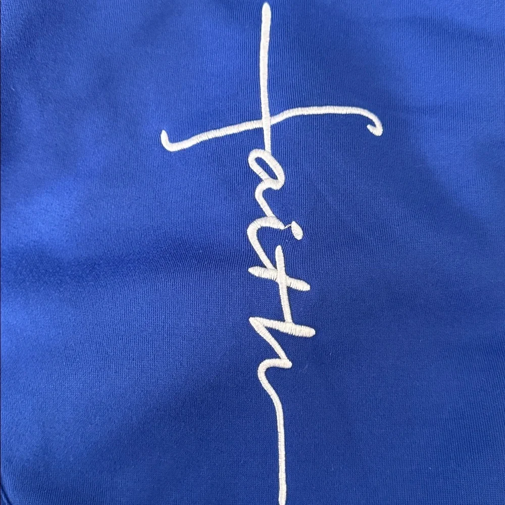 Faith Cross Christian Hoodie Blue Asymmetrical Wrap Pullover Women’s Large - Picture 5 of 10